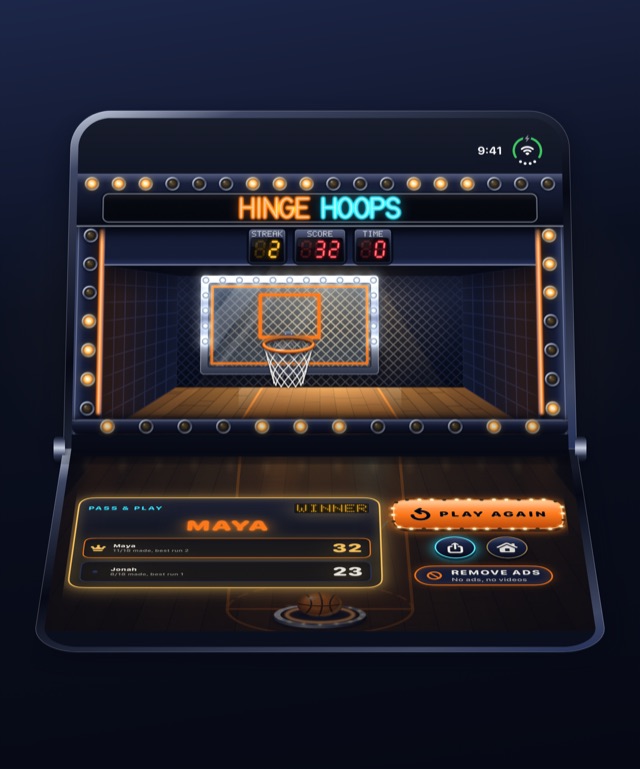 A Pass and Play winner card: Maya wins with 32 over Jonah's 23, with Play Again, Share and Menu buttons.